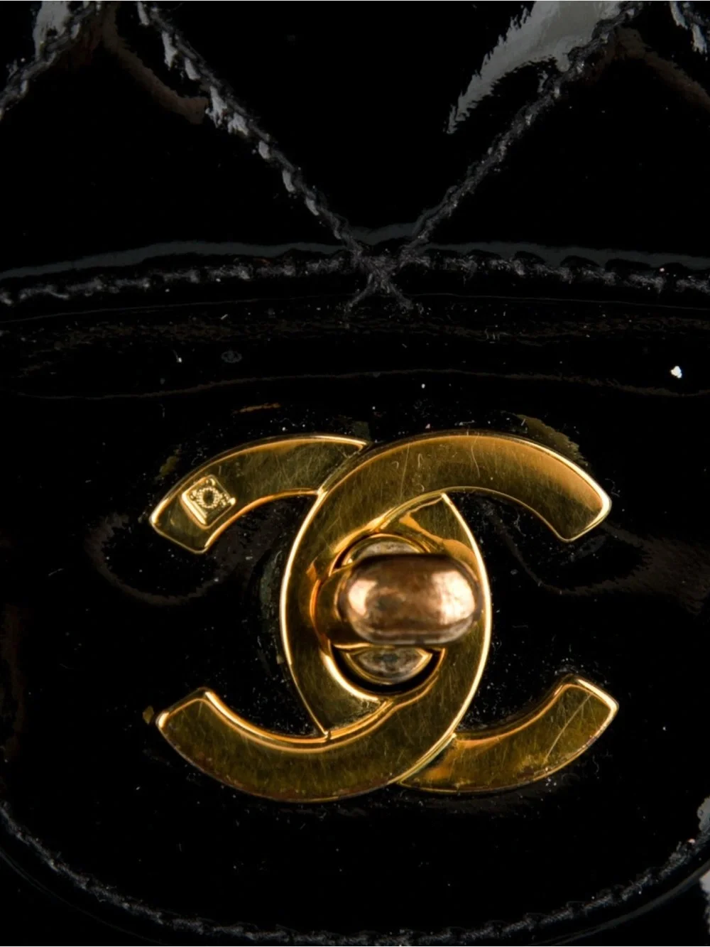 CHANEL Black Patent Quilted Double Flap Shoulder Bag with Gold Hardware